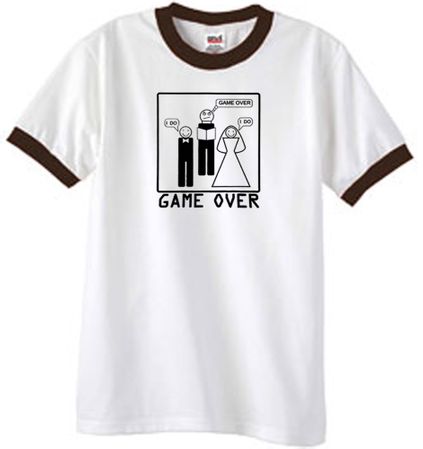 Game Over Marriage Ceremony Ringer White/Brown Tee - Black Print