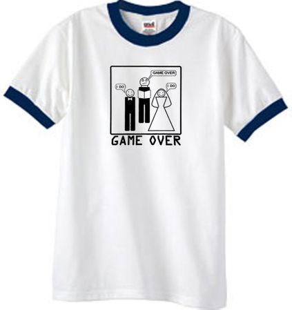 Game Over Marriage Ceremony Ringer White/Navy Tee - Black Print