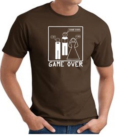 Game Over Marriage Ceremony T-shirt Funny Brown Tee - White Print