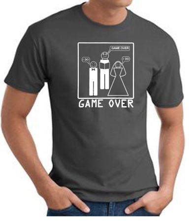 Game Over Marriage Ceremony T-shirt Funny Charcoal Tee - White Print