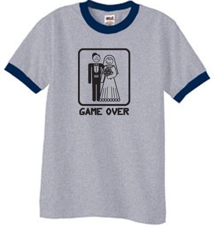 Game Over Ringer T-shirt Funny Heather Grey/Navy Tee - Black Print
