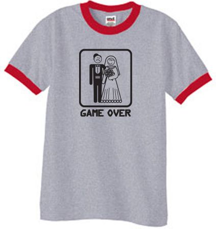 Game Over Ringer T-shirt Funny Heather Grey/Red Tee - Black Print