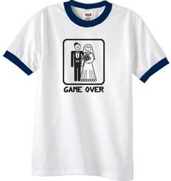 Game Over Ringer T-shirt Funny White/Navy Tee - Black Print