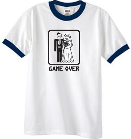 Game Over Ringer T-shirt Funny White/Navy Tee - Black Print