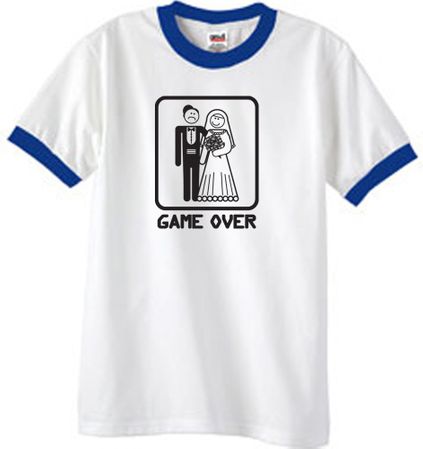 Game Over Ringer T-shirt Funny White/Royal Tee - Black Print