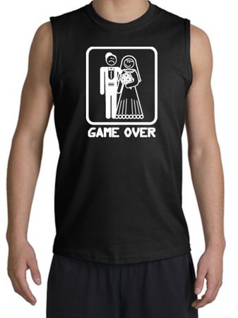 Game Over Shooter Funny Marriage Black Muscle Shirt - White Print