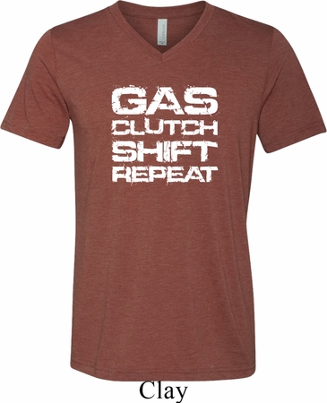 Gas Clutch Shift Repeat White Print Mens Tri Blend V-neck Shirt