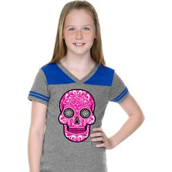 Girls Pink Sugar Skull Football Tee