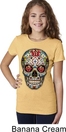 Girls Skull Shirt Sugar Skull with Roses Tee T-Shirt