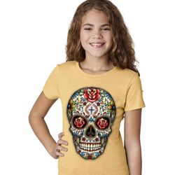 Girls Skull Shirt Sugar Skull with Roses Tee T-Shirt