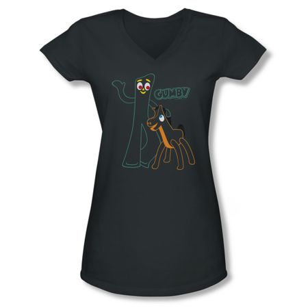 Gumby Shirt Juniors V Neck Outlines Charcoal T-Shirt