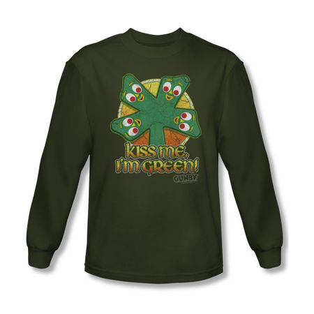 Gumby Shirt Kiss Me Long Sleeve Olive Green Tee T-Shirt