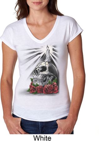 Halloween Day of the Dead Candle Skull Ladies Tri Blend V-Neck Shirt