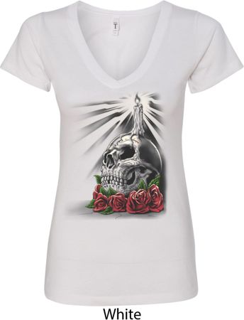 Halloween Day of the Dead Candle Skull Ladies V-Neck Shirt