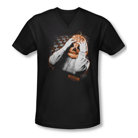 Halloween III Shirt Slim Fit V Neck Pumpkin Mask Black Tee T-Shirt