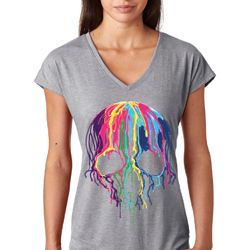 Halloween Melting Skull Ladies Tri Blend V-Neck Shirt Halloween Melting Skull Ladies Tri Blend V-Neck Shirt