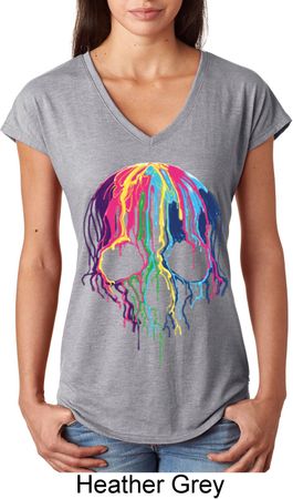 Halloween Melting Skull Ladies Tri Blend V-Neck Shirt