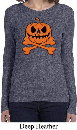Halloween Pumpkin Skeleton Ladies Long Sleeve Shirt