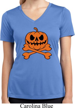 Halloween Pumpkin Skeleton Ladies Moisture Wicking V-neck Shirt