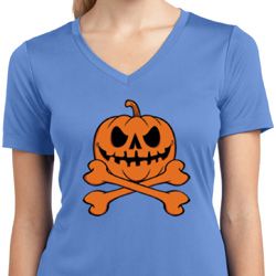 Halloween Pumpkin Skeleton Ladies Moisture Wicking V-neck Shirt Halloween Pumpkin Skeleton Ladies Moisture Wicking V-neck Shirt