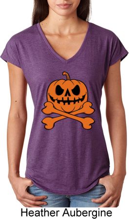 Halloween Pumpkin Skeleton Ladies Tri Blend V-Neck Shirt