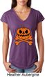 Halloween Pumpkin Skeleton Ladies Tri Blend V-Neck Shirt