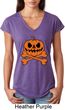 Halloween Pumpkin Skeleton Ladies Tri Blend V-Neck Shirt