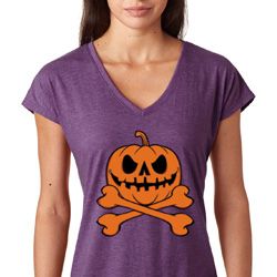 Halloween Pumpkin Skeleton Ladies Tri Blend V-Neck Shirt Halloween Pumpkin Skeleton Ladies Tri Blend V-Neck Shirt