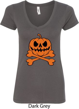 Halloween Pumpkin Skeleton Ladies V-Neck Shirt