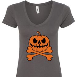 Halloween Pumpkin Skeleton Ladies V-Neck Shirt Halloween Pumpkin Skeleton Ladies V-Neck Shirt