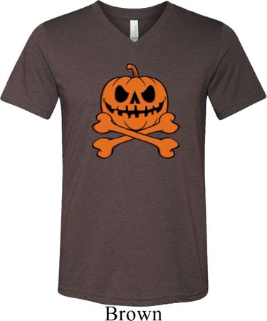 Halloween Pumpkin Skeleton Mens Tri Blend V-neck Shirt