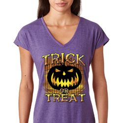 Halloween Trick or Treat Ladies Tri Blend V-Neck Shirt