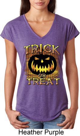 Halloween Trick or Treat Ladies Tri Blend V-Neck Shirt