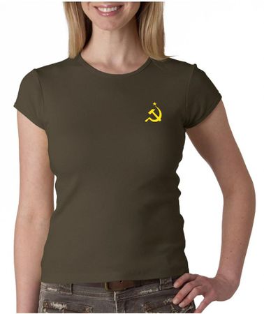 Hammer and Sickle Ladies Crewneck Shirt Yellow Logo Pocket Print