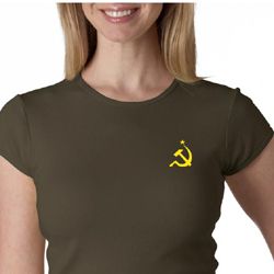 Hammer and Sickle Ladies Crewneck Shirt Yellow Logo Pocket Print