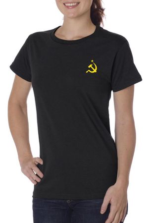 Hammer and Sickle Ladies Organic T-shirt Yellow Logo Pocket Print