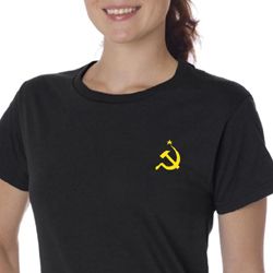 Hammer and Sickle Ladies Organic T-shirt Yellow Logo Pocket Print