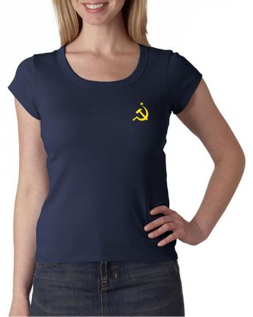Hammer and Sickle Ladies Scoop Neck Shirt Yellow Logo Pocket Print