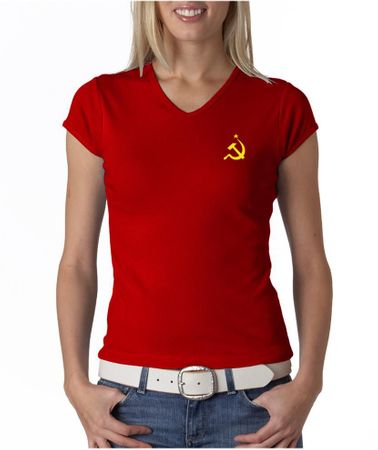 Hammer and Sickle Shirt Ladies V-Neck Yellow Logo Pocket Print