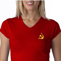 Hammer and Sickle Shirt Ladies V-Neck Yellow Logo Pocket Print