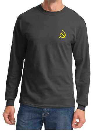 Hammer and Sickle Shirt Yellow Logo Pocket Print Long Sleeve Shirt