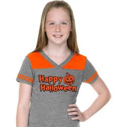 Happy Halloween with Pumpkin Girls Football Tee