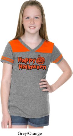 Happy Halloween with Pumpkin Girls Football Tee