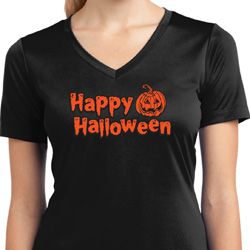 Happy Halloween with Pumpkin Ladies Dry Wicking V-neck Happy Halloween with Pumpkin Ladies Dry Wicking V-neck