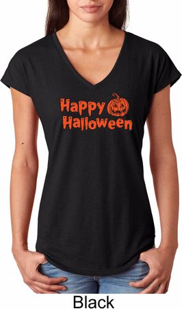 Happy Halloween with Pumpkin Ladies Tri Blend V-neck