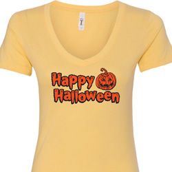 Happy Halloween with Pumpkin Ladies V-Neck Happy Halloween with Pumpkin Ladies V-Neck