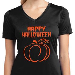 Happy Halloween with Pumpkin Sketch Ladies Dry Wicking V-neck