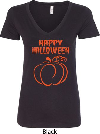 Happy Halloween with Pumpkin Sketch Ladies V-Neck