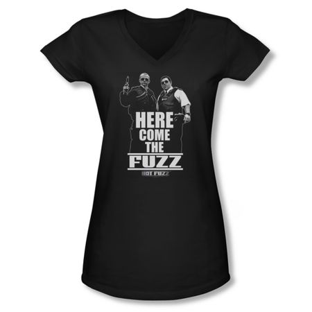 Hot Fuzz Shirt Juniors V Neck Here Come The Fuzz Black Tee T-Shirt
