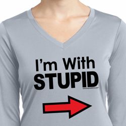 I'm With Stupid Black Print Ladies Dry Wicking Long Sleeve Shirt
